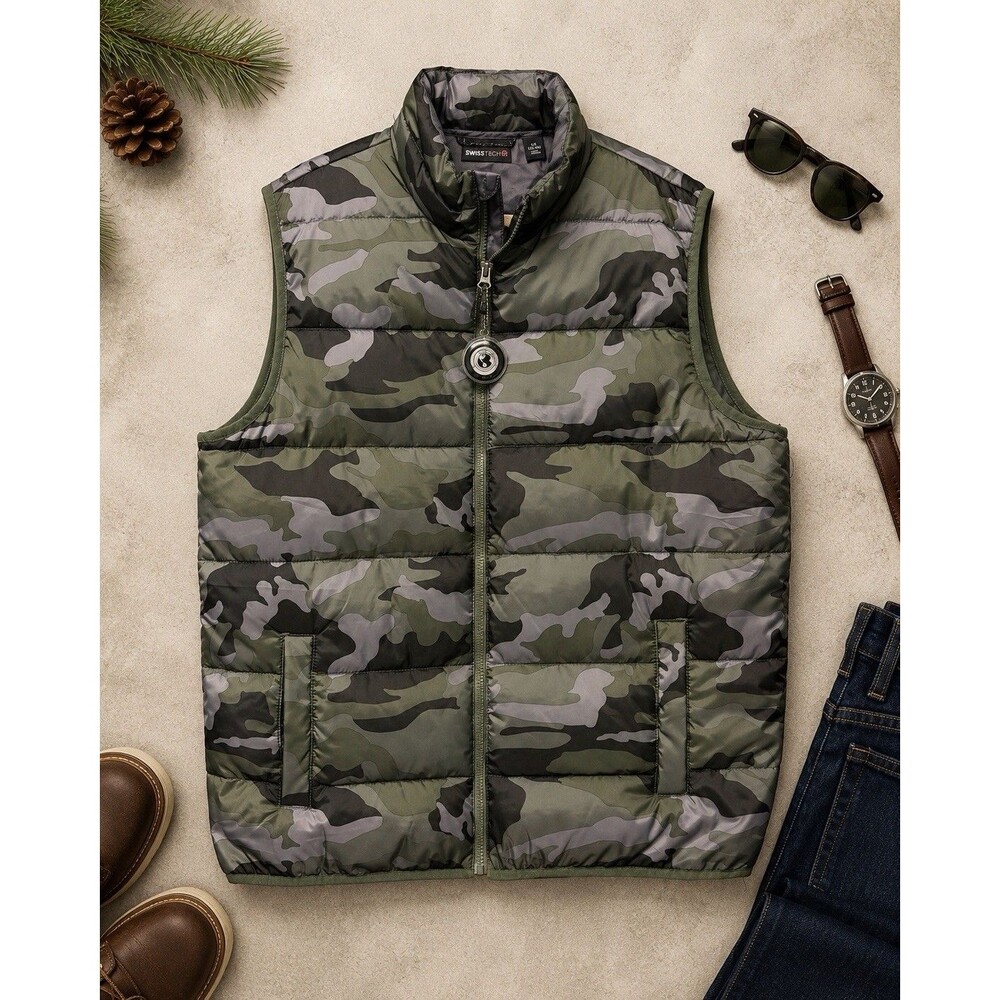 Swiss Tech Mens Puffer Vest Large Green Camo Full Zip Lightweight Outdoor